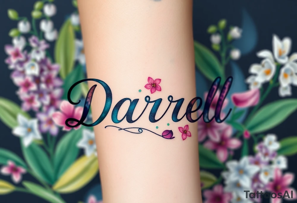 Bold colors, 1 inch font, "Darrell" with lots of whimsical background, add lots of flowers, more background of lilies, lilacs, lily of the valley, different colors, sizes and shapes tattoo idea