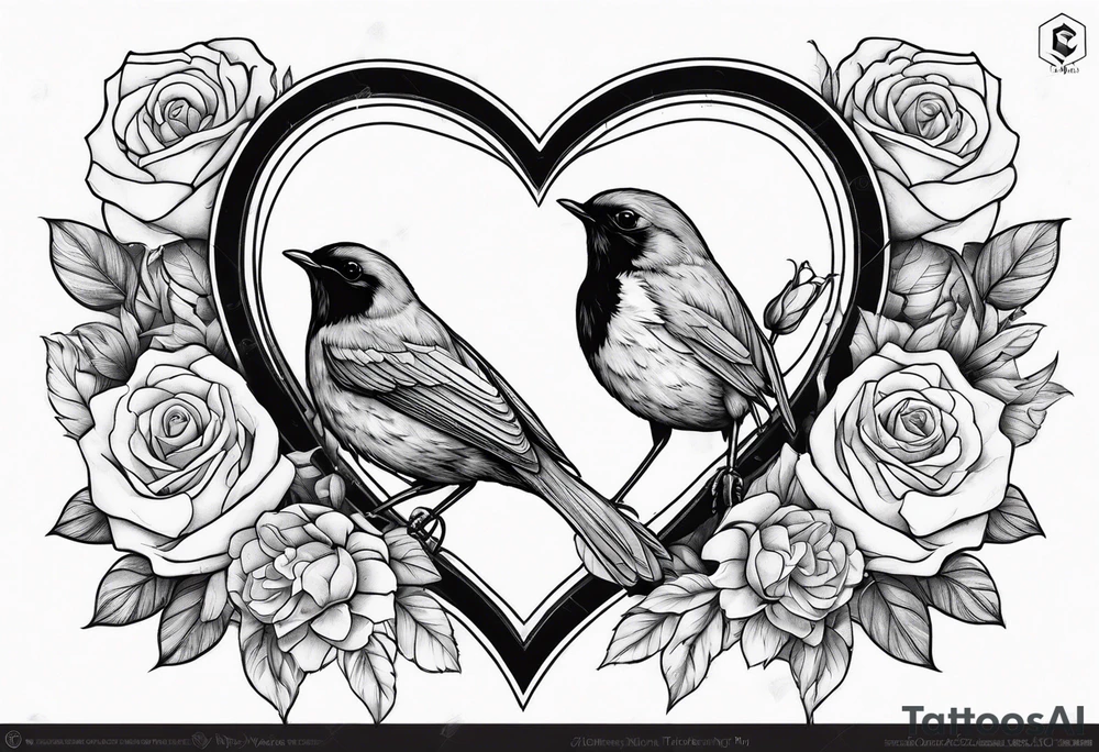A real heart with a Robin inside surrounded by roses, likely of the valley and cosmos flowers tattoo idea