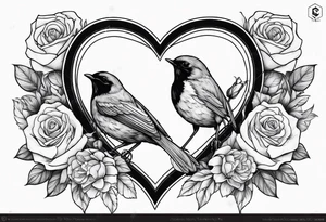 A real heart with a Robin inside surrounded by roses, likely of the valley and cosmos flowers tattoo idea
