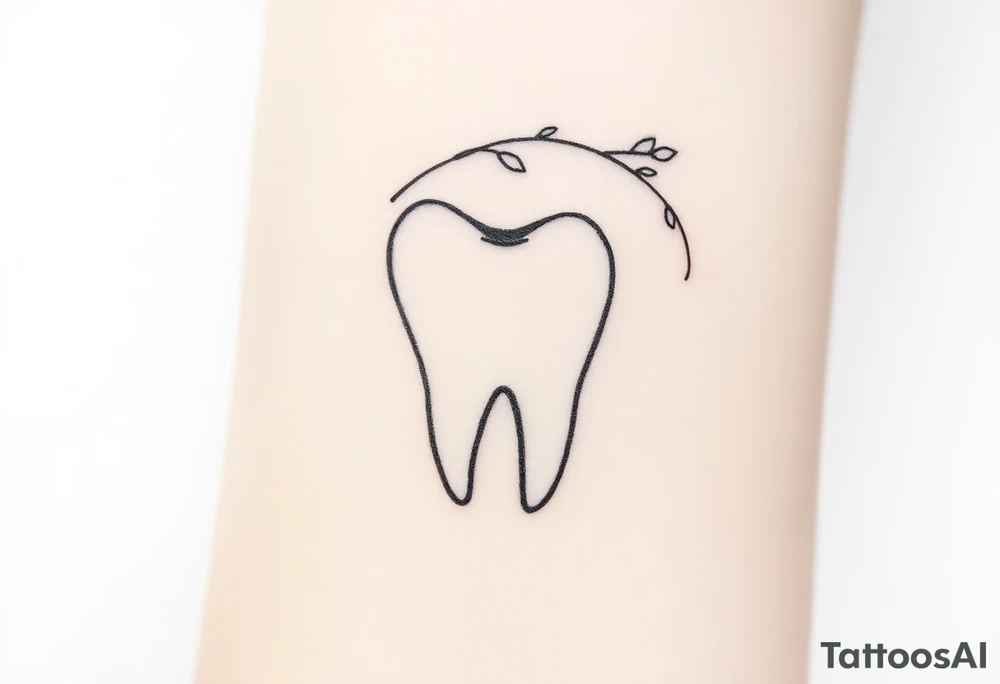 Minimalist molar tooth with a thin, arching branch of baby’s breath leaning gently against one side, airy and elegant.” tattoo idea