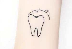Minimalist molar tooth with a thin, arching branch of baby’s breath leaning gently against one side, airy and elegant.” tattoo idea
