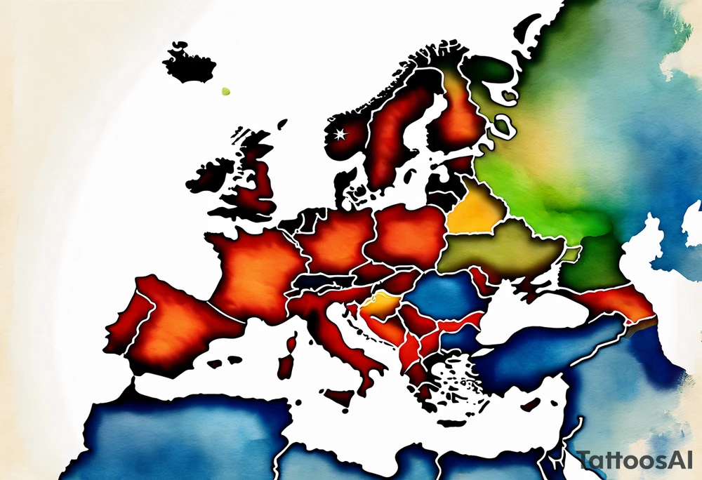 Map us to europe with tiny jet plane showing intercontinental flight path. Watercolor with spilled watercolor look abstract tattoo idea