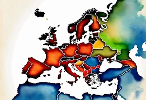 Map us to europe with tiny jet plane showing intercontinental flight path. Watercolor with spilled watercolor look abstract tattoo idea