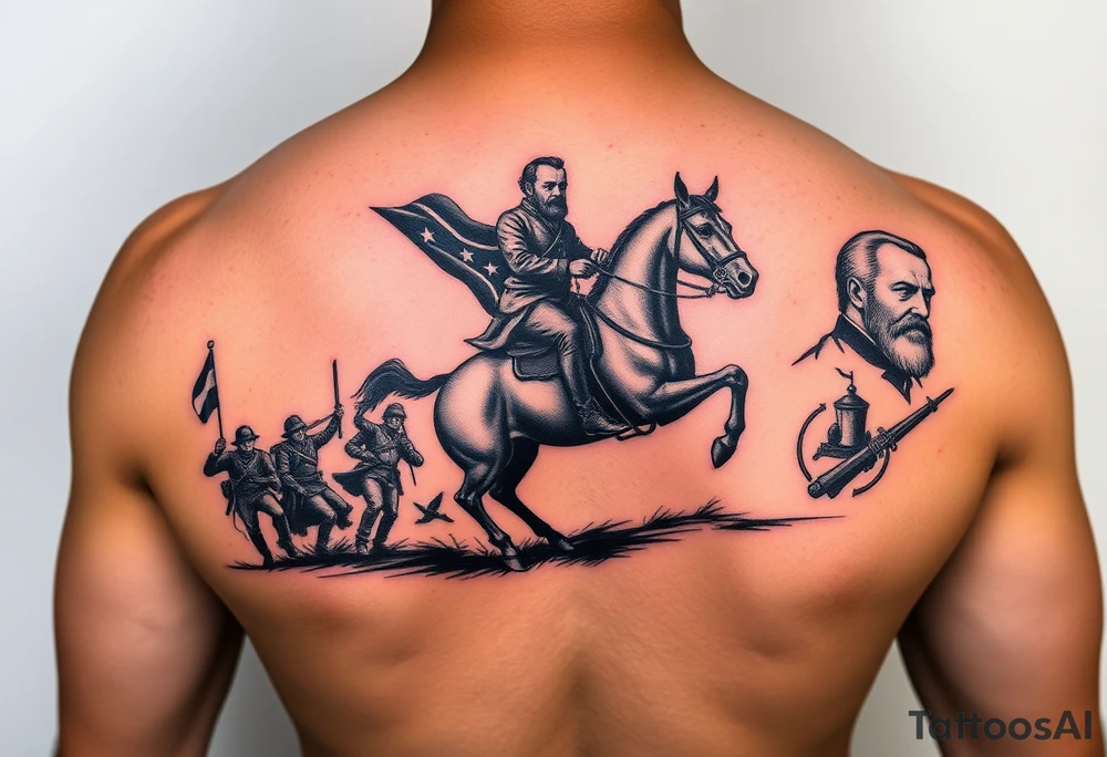 Confederate flag with a portrait of stonewall Jackson on a horse add in a battle scene with confederate soldiers winning & Jefferson Davis on one side add in shading and color tattoo idea