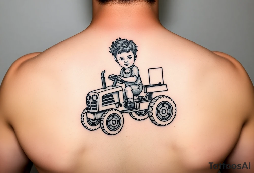 Realistic minimalist curly headed toddler son riding a toy tractor with a geometric frame tattoo idea