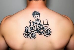 Realistic minimalist curly headed toddler son riding a toy tractor with a geometric frame tattoo idea