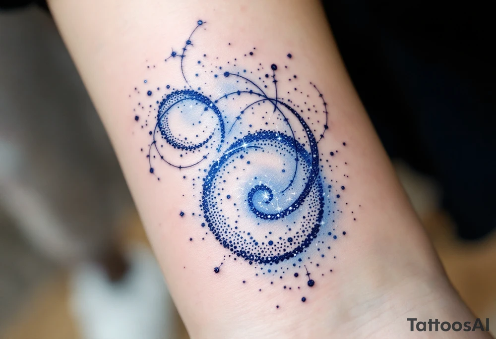 An ethereal Aries tattoo uses dots of light-blue and white to form the constellation in a dreamy galaxy swirl. tattoo idea