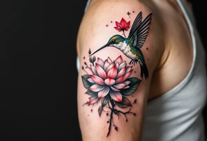 hummingbird drinking from lotus flower (Red and black colors only) tattoo idea