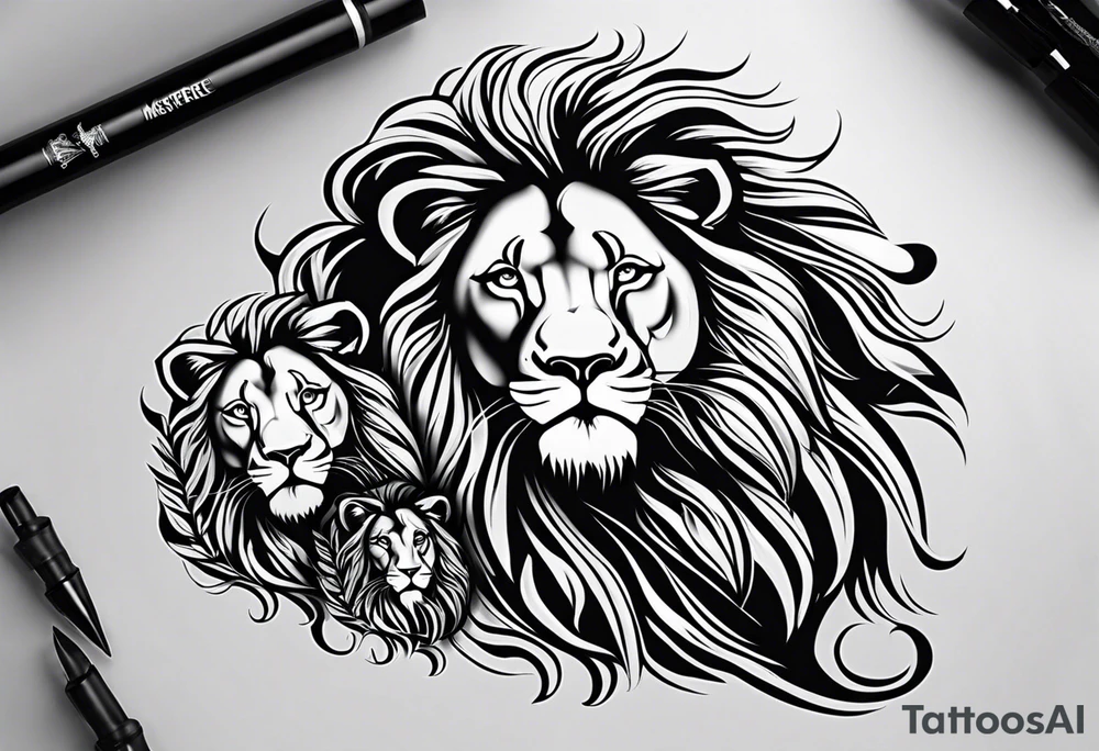 black and white tattoo featuring a lion, lioness, and lion cub. The lion faces upward towards the sky, looking in the opposite direction of the lioness. The lion cub is positioned below them, looking up.   Inspired by the lion king tattoo idea