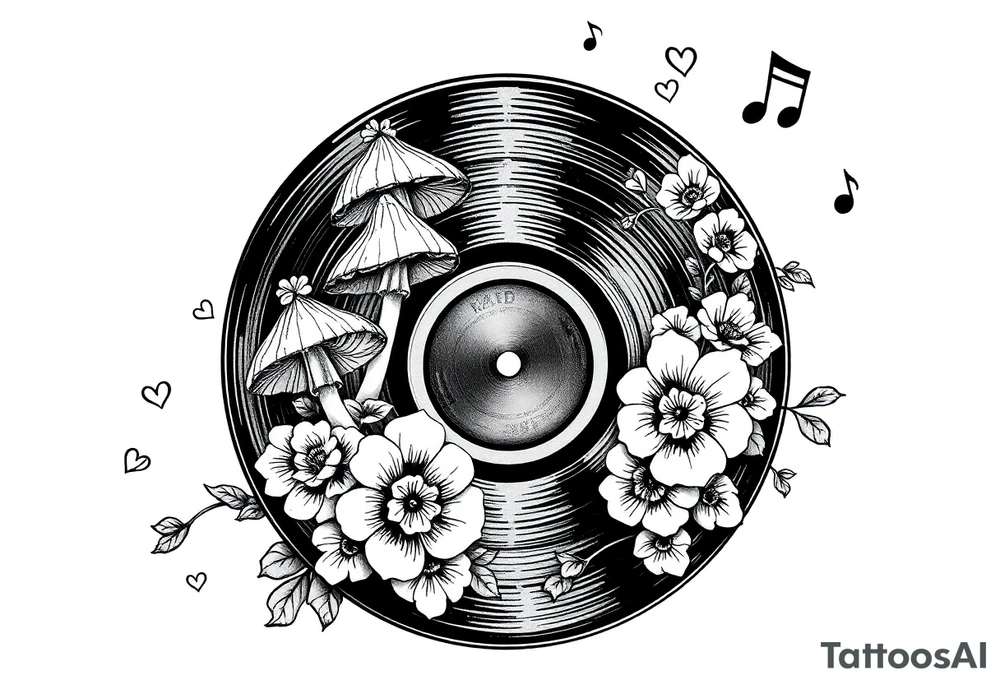 vinyl record with mushrooms, flowers, hearts, and music notes tattoo idea