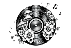vinyl record with mushrooms, flowers, hearts, and music notes tattoo idea