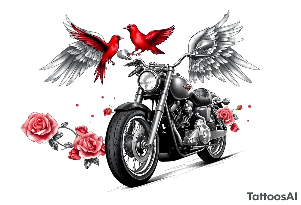 Harley grey motorcycle driving away, two red birds flying, roses, flames, angel wings tattoo idea