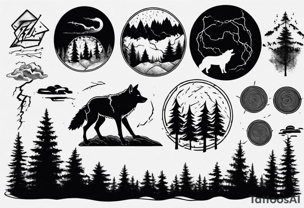 a thunder and lightning storm over a forest with a distant wolf howling and a drums tattoo idea a thunder and lightning storm over a forest with a distant wolf howling and a drums tattoo idea