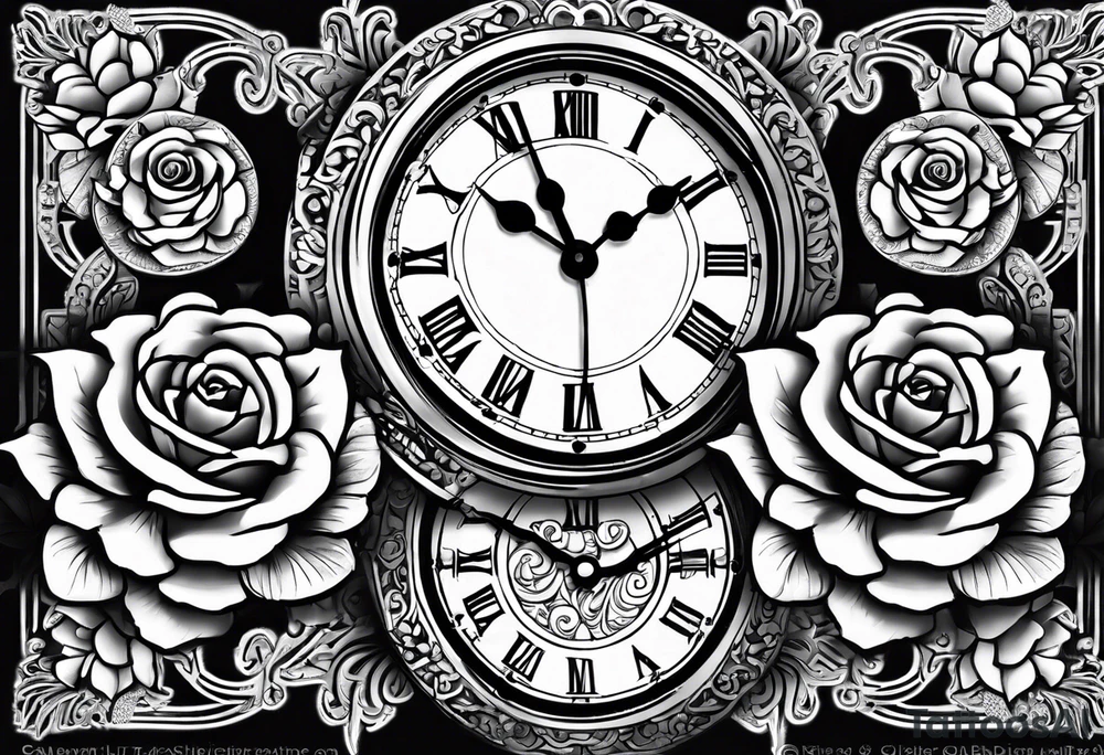 Two pocket watches linked together by a chain spelling "Lyv". Roses and lilies in the background tattoo idea