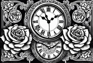 Two pocket watches linked together by a chain spelling "Lyv". Roses and lilies in the background tattoo idea