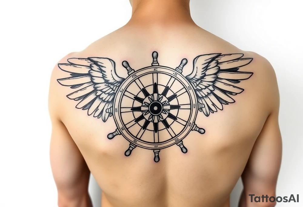 Sketch style geometric tattoo design of a ship steering wheel with sharp, structured wings. Fine lines, architectural guidelines, sacred geometry elements, black and grey ink, highly detailed hub and spokes, dynamic motion effect, artistic blueprint style, isolated on clean white background. tattoo idea