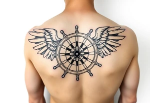 Sketch style geometric tattoo design of a ship steering wheel with sharp, structured wings. Fine lines, architectural guidelines, sacred geometry elements, black and grey ink, highly detailed hub and spokes, dynamic motion effect, artistic blueprint style, isolated on clean white background. tattoo idea