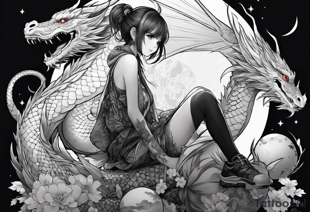 a full shot of an anime girl seen from far, sitting on a ball and surrounded by asian dragon with wings tattoo idea