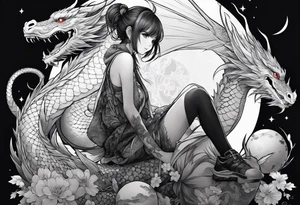 a full shot of an anime girl seen from far, sitting on a ball and surrounded by asian dragon with wings tattoo idea