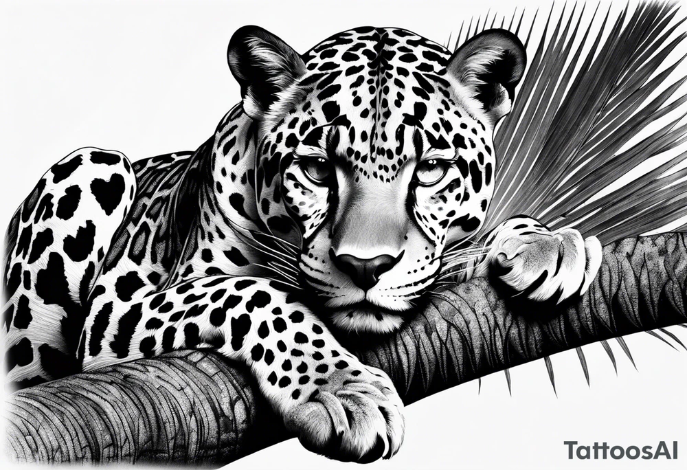 jaguar laying on palm tree tattoo idea