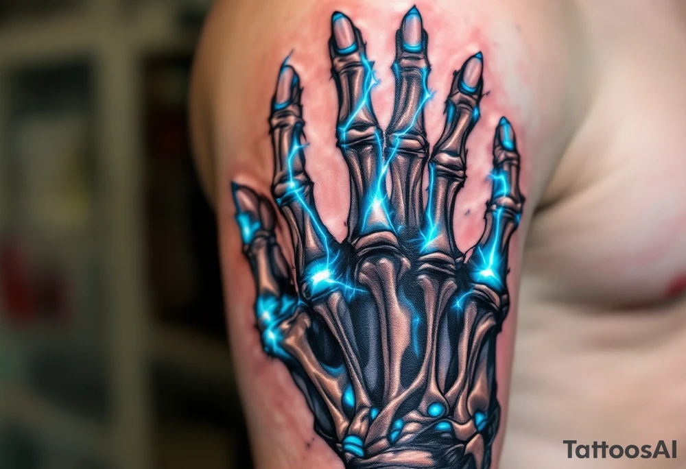 A hybrid hand revealing graphite-colored artificial tendons under realistic shaded skin, accented with electric-blue joints. tattoo idea