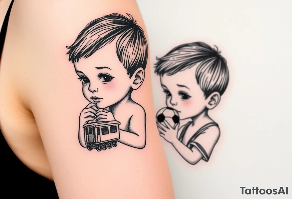 two small boys with a small train toy and a small football toy. tattoo idea