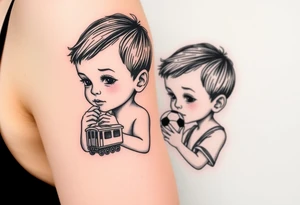 two small boys with a small train toy and a small football toy. tattoo idea