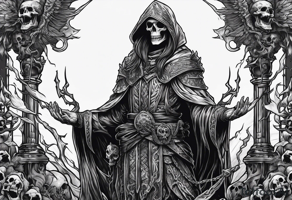 necromancer guy with army of skeletons tattoo idea