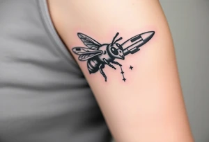 bee with a pilots hat flying next to a jet plane tattoo idea