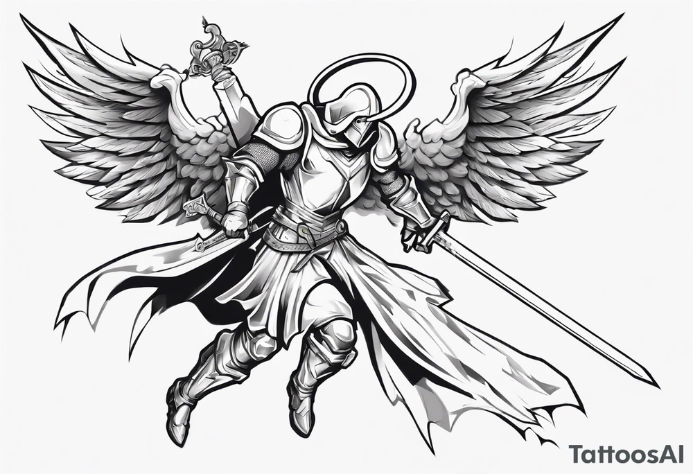 An angel Knight in mid-air with his sword about to attack in isometric view tattoo idea