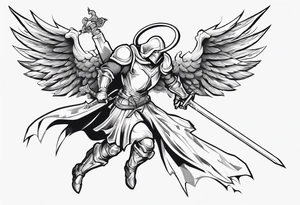 An angel Knight in mid-air with his sword about to attack in isometric view tattoo idea