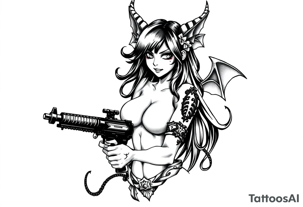 angry succubus holding gun, anime tattoo idea