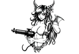 angry succubus holding gun, anime tattoo idea