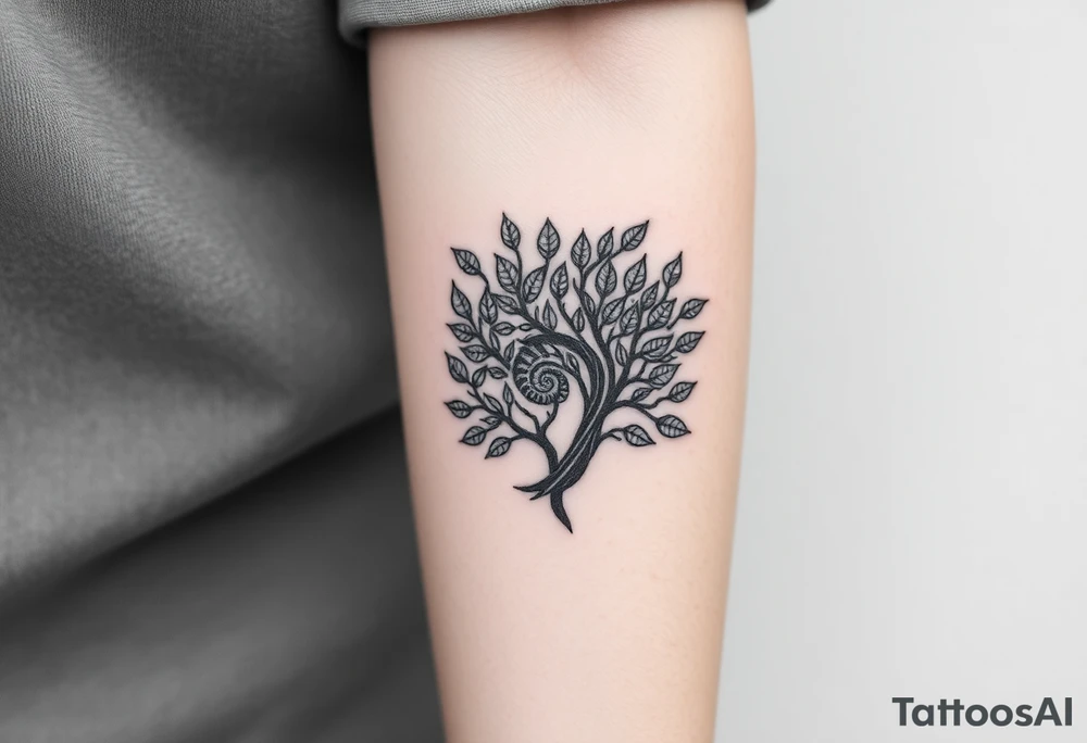 Fibonacci spiral shell inside of tree full of lots of leaves tattoo idea