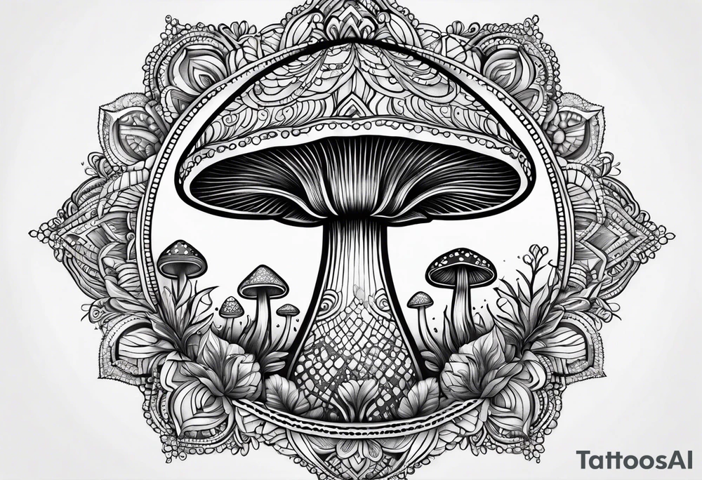 Black mushroom tattoo with henna style mandala design surrounding it tattoo idea
