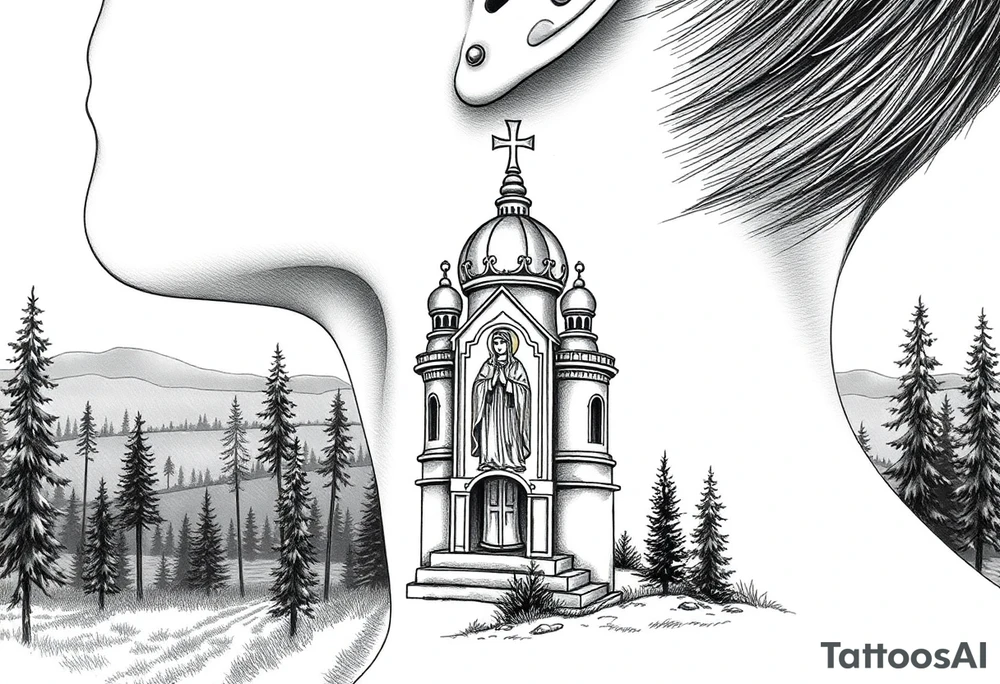 russian coat arms traditional christian orthodox cross with a virgin mary stood in the entrance of a russian orthodox dome church on the side of the neck in a wilderness setting tattoo idea
