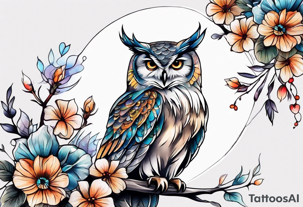 Owl and flowers full arm sleeve tattoo idea