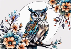 Owl and flowers full arm sleeve tattoo idea