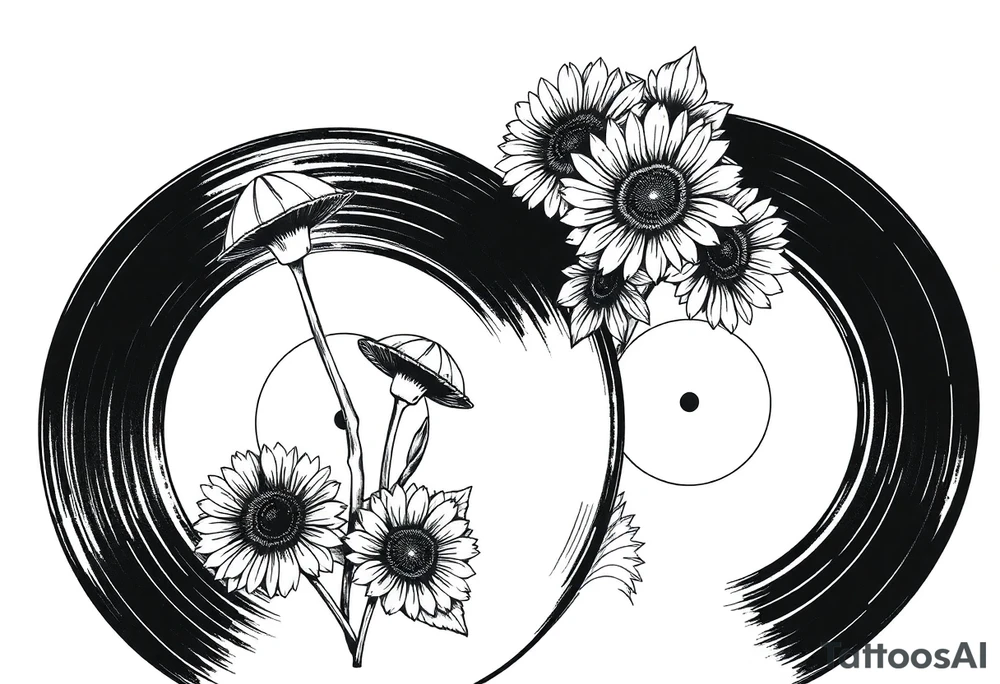 two overlapping vinyl records with mushrooms and sunflowers tattoo idea