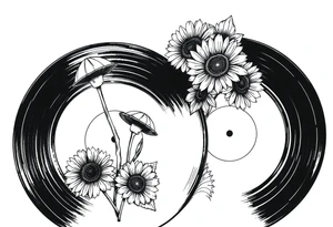 two overlapping vinyl records with mushrooms and sunflowers tattoo idea
