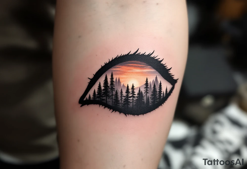 An eye silhouette containing a detailed forest landscape at sunrise, realistic shading, warm colors for the light, blackwork for the forest. tattoo idea