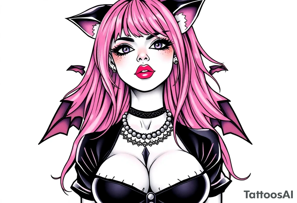 hot goth girl with puppy ears and with piercings on face and big boobs and big butt with black outfit on with pink hair tattoo idea