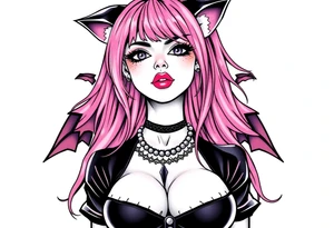 hot goth girl with puppy ears and with piercings on face and big boobs and big butt with black outfit on with pink hair tattoo idea