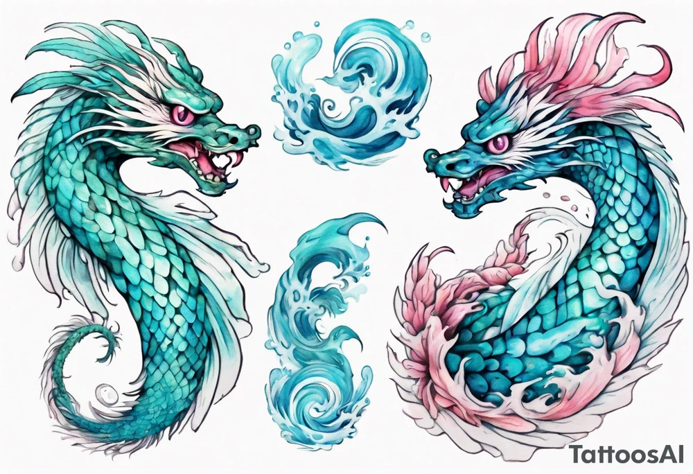 a turquoise and white and pink feathered serpent with beautiful eyes emerging from the blue waves of the ocean tattoo idea