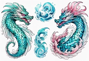 a turquoise and white and pink feathered serpent with beautiful eyes emerging from the blue waves of the ocean tattoo idea