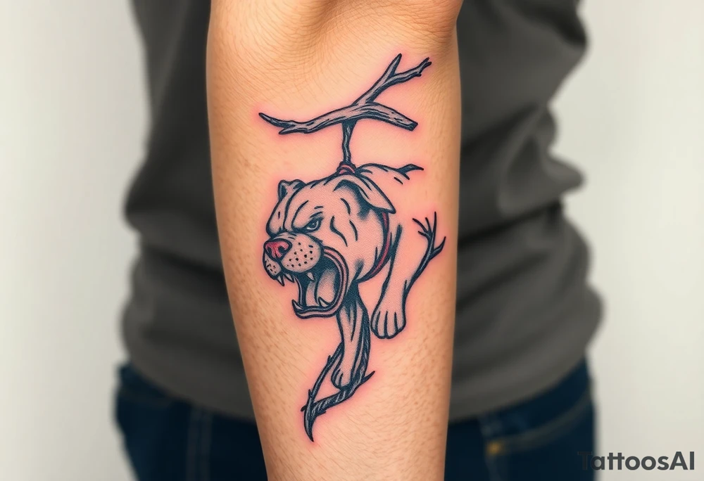 bulldog biting branch hanging from tree medieval woodcut tattoo idea