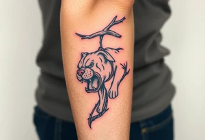 bulldog biting branch hanging from tree medieval woodcut tattoo idea