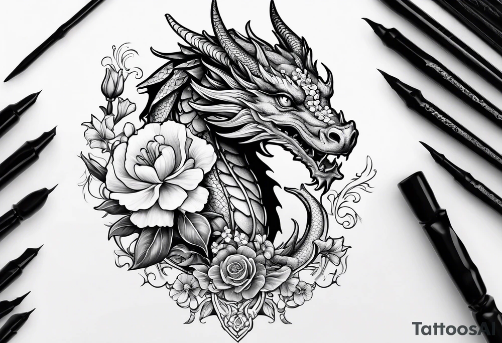 Dragon Aries sweet pea daisy tattoo idea