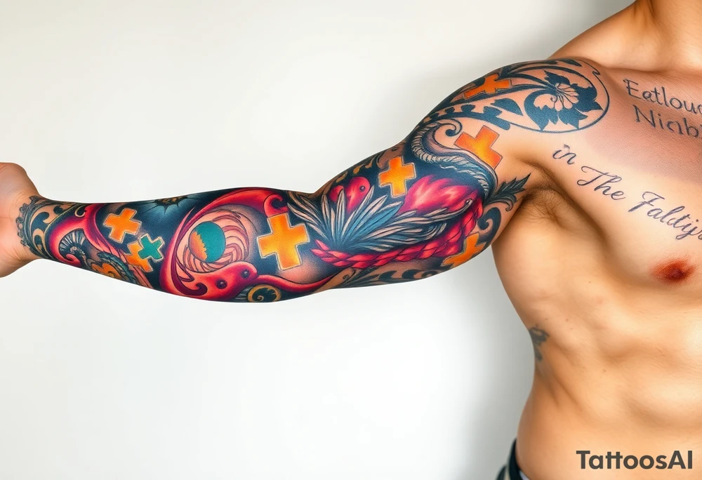 left arm full sleeve to support autism awareness full color and completed filled sons name written on there as well tattoo idea