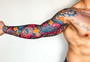 left arm full sleeve to support autism awareness full color and completed filled sons name written on there as well tattoo idea